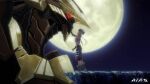  1girl anubis_(iron_saga) bare_shoulders copyright_name dark-skinned_female dark_skin full_body full_moon highres iron_saga logo long_hair mecha moon nadia_(iron_saga) night official_art robot second-party_source white_hair 