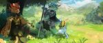 anthro armor avian blue_body brown_body clothed clothing detailed_background digital_media_(artwork) duo female field fur grass hackainax hi_res holding_object holding_weapon horn kobold laught male melee_weapon mountain open_mouth plant shadow sky smile sword tail tree weapon