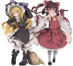  2girls adapted_costume ascot black_footwear black_gloves black_jacket blonde_hair boots braid broom brown_hair commentary_request detached_sleeves full_body gloves gohei hakurei_reimu hat highres jacket kirisame_marisa long_hair long_sleeves looking_at_viewer multiple_girls scarf simple_background single_braid touhou tsune_(tune) white_background white_footwear white_scarf white_sleeves wide_sleeves witch_hat yellow_ascot yellow_eyes 