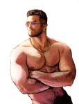  1boy arm_hair bara beard_stubble black_hair bota86mochi chain_necklace chest_hair crossed_arms earrings facial_hair frown gold_necklace hairy half-closed_eyes jewelry male_focus mature_male muscular muscular_male mustache_stubble navel_hair necklace nipples original pectorals pink-tinted_eyewear short_hair sideburns simple_background solo stubble sunglasses tinted_eyewear topless_male upper_body wavy_hair white_background yellow-framed_eyewear 