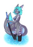 absurd_res anthro aqua_(swartzfox) big_tail blue_claws blue_eyes blue_hair blue_nipples blue_nose blue_pussy canid canine canis clawed_feet clawed_fingers claws female fennec fox genitals hair hi_res inner_ear_fluff katana mammal melee_weapon nipples pussy rensakai solo striped_body stripes sword tail tuft water weapon