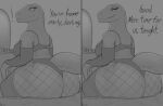 absurd_res anthro bedroom_eyes big_butt breasts butt clothing dialogue dinosaur dromaeosaurid female fishnet fishnet_legwear hi_res huge_butt kierus legwear lingerie looking_back narrowed_eyes non-mammal_breasts reptile scalie seductive sitting solo surprise tail theropod velociraptor