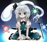  1girl black_bow black_bowtie black_hairband bloomers bob_cut bow bowtie collared_shirt commentary_request green_eyes green_skirt green_vest grey_hair hairband highres hitodama_print injury katana konpaku_youmu konpaku_youmu_(ghost) messy_hair puffy_short_sleeves puffy_sleeves shirt short_hair short_sleeves skirt skirt_set solo sword tears touhou vest wakizashi weapon white_bloomers white_hair white_shirt 