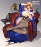  black_bow black_bra blonde_hair blue_bow blue_robe blush bow bra breasts cleavage couch des_moines_(zhan_jian_shao_nyu) finger_to_chin flower hair_between_eyes highres huge_breasts lingerie long_hair lying on_side one_eye_closed petals phonograph plant rose smile thighhighs underwear windforcelan zhan_jian_shao_nyu 