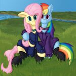 callichrome chest_tuft clothing collar duo embrace equid equine female female/female feral fluffy fluttershy_(mlp) footwear friendship_is_magic grass grass_field hasbro hi_res hoodie horse hug invalid_tag legwear looking_at_viewer mammal my_little_pony pegasus plant pony rainbow_dash_(mlp) river socks stockings topwear tuft wings