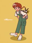  1girl artist_name backpack bag bandana blush_stickers green_overalls hairband happy highres norixio open_mouth p-chan pig ranma-chan ranma_1/2 red_hairband shadow twitter_username white_footwear yellow_bandana 