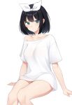  1girl :/ absurdres arm_support black_hair blush bow bow_hairband breasts closed_mouth collarbone expressionless feet_out_of_frame green_eyes hairband highres invisible_chair looking_at_viewer medium_breasts no_pants off_shoulder original shirt short_hair short_sleeves simple_background sitting solo t-shirt white_background white_bow white_hairband white_shirt zero0ex 