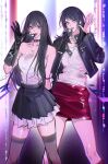  2girls bang_dream! bang_dream!_it&#039;s_mygo!!!!! bare_shoulders black_choker black_gloves black_hair black_jacket black_skirt black_thighhighs choker chromatic_aberration collarbone gloves green_eyes hair_between_eyes hand_up highres jacket jewelry long_hair long_sleeves looking_at_viewer m_omoo microphone mole mole_under_eye multiple_girls necklace open_clothes open_jacket open_mouth parted_lips pleated_skirt purple_eyes red_skirt shiina_taki shirt skirt strapless strapless_shirt teeth thighhighs upper_teeth_only very_long_hair white_shirt yahata_umiri zettai_ryouiki zipper 