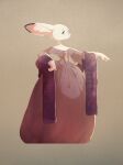 anthro clothing dress female fu_go_fu_go fur hi_res lagomorph leporid mammal purple_accessory purple_clothing rabbit rabbit_ears simple_background solo white_body white_fur