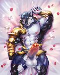 abs anthro archermagnum armor balls bed biceps black_body black_fur canid canine canis crimsonrabbit diamond_(gem) erection fur furniture gem genitals hair hi_res humanoid_genitalia humanoid_penis looking_at_viewer lying male mammal mostly_nude multicolored_body multicolored_fur muscular muscular_anthro muscular_male nipples on_back pecs penis smile solo thunderrangers two_tone_body two_tone_fur wolf yellow_eyes