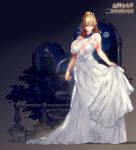  bare_shoulders blonde_hair blue_eyes breasts building cleavage commentary des_moines_(zhan_jian_shao_nyu) dress flower fountain hair_between_eyes hair_flower hair_ornament halterneck highres holding_skirt huge_breasts long_hair long_skirt night night_sky railing rose scarf skirt sky solo standing updo water white_dress windforcelan zhan_jian_shao_nyu 