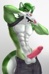 absurd_res anthro balls bottomwear clenched_teeth clothed clothing clothing_lift clothing_pull genitals green_body handpaw hi_res keey-lai_(ch0c0hare) male mammal muscular mustelid otter pants paws penis raised_clothing raised_shirt raised_topwear red_eyes red_nose red_penis shirt shirt_lift simple_background solo teeth topwear unknown_artist whiskers white_balls