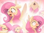 absurd_res ahegao blush bodily_fluids covering covering_mouth equid equine exclamation_point eyelashes female feral fluttershy_(mlp) friendship_is_magic green_eyes hair hasbro heart_symbol hi_res long_hair looking_pleasured mammal motion_lines my_little_pony mythological_creature mythological_equine mythology nookprint open_mouth pegasus pink_hair solo sweat tears teeth tongue tongue_out wings yellow_body