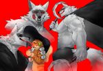 anthro bulge canid canine canis clothed clothing death_(puss_in_boots) domestic_cat dreamworks duo felid feline felis fur grey_body grey_fur headgear headwear hi_res humanoid koudro looking_at_another male male/male mammal muscular muscular_anthro muscular_male orange_body orange_fur pecs puss_in_boots_(character) puss_in_boots_(dreamworks) red_eyes size_difference smile tail teeth tongue tongue_out underwear wolf
