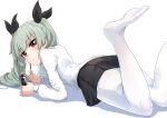  1girl anchovy_(girls_und_panzer) black_ribbon black_skirt buchikaki commentary_request dress_shirt drill_hair food foot_out_of_frame girls_und_panzer green_hair hair_ribbon holding holding_food holding_pocky long_hair long_sleeves lying no_shoes on_stomach pantyhose pleated_skirt pocky red_eyes ribbon shirt simple_background skirt solo twin_drills twintails white_background white_pantyhose white_shirt 
