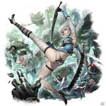  1girl ass bandaged_arm bandaged_leg bandaged_neck bandages blue_negligee braided_hair_rings chain_blades cross-laced_clothes cross-laced_panties flower hair_flower hair_ornament highres jagged_sword kaine_(nier) lingerie lunar_tear negligee nier nier_(series) octopath_traveler official_art panties robot underwear weapong 