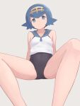  1girl black_one-piece_swimsuit blue_eyes blue_hair bright_pupils commentary_request covered_navel from_below grey_background hairband hiyoshipow invisible_chair lana_(pokemon) legs no_sclera one-piece_swimsuit pokemon pokemon_sm shirt short_hair sitting sleeveless sleeveless_shirt solo spread_legs swimsuit swimsuit_under_clothes white_pupils white_shirt yellow_hairband 