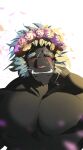 anthro blush flower flower_crown fur grey_body grey_fur grin krampus_(housamo) lifewonders male monster muscular muscular_anthro pecs plant scar shirtless smile solo tokyo_afterschool_summoners tusks youmoxto