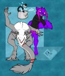 anthro canid canine chest_spike claws clothed clothing depth_of_field digitigrade duo felisrandomis fur grey_body grey_fur hi_res kikali_(sergal) leaning leaning_backward mammal partially_clothed purple_body purple_fur sergal spikes spikes_(anatomy) tail tail_tuft teapot tuft