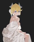  1girl absurdres bed_sheet blonde_hair blue_eyes breasts clear_(djmax) closed_mouth djmax djmax_respect grey_background hair_between_eyes hair_ornament hand_on_own_chest highres looking_at_viewer naked_sheet short_hair simple_background small_breasts solo star_(symbol) star_hair_ornament toulalan 