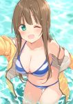  ;d aqua_eyes armpits bare_legs bikini breasts cleavage collarbone eyebrows_visible_through_hair from_above highres jacket large_breasts light_brown_hair long_hair looking_at_viewer maigoyaki mole mole_on_breast navel one_eye_closed open_clothes open_jacket open_mouth original sidelocks single_bare_shoulder smile solo standing stomach striped striped_bikini swimsuit thigh_gap thighs wading water wet wet_hair yellow_jacket 