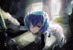  1girl ayanami_rei bandage_over_one_eye bed blue_hair bodysuit hair_ornament highres hospital_bed intravenous_drip neon_genesis_evangelion non-web_source pillow pilot_suit plugsuit red_eyes short_hair solo sunlight white_bodysuit zhuxiao517 