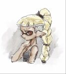  1girl bare_shoulders blonde_hair blue_pupils braid closed_mouth earrings eyebrow_cut grey_tank_top hand_on_own_neck hand_up inkling inkling_girl inkling_player_character jewelry long_hair multi-tied_hair orange_eyes pointy_ears single_braid solo splatoon_(series) tank_top tentacle_hair thenintlichen96 undercut 