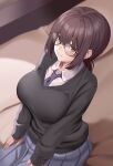  1girl bed_sheet black_cardigan blue_necktie blue_skirt blush breasts brown_eyes brown_hair cardigan closed_mouth commentary_request from_above glasses huyumitsu large_breasts long_hair long_sleeves looking_at_viewer necktie on_bed original pleated_skirt school_uniform shirt sidelocks sitting skirt solo uniform white_shirt 