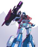  1boy arm_cannon autobot blue_eyes clenched_hand fusion glowing_lines highres mecha megatron nui_lecarde optimus_prime parody robot scene_reference signature solo transformers transformers_(skybound) weapon white_background 