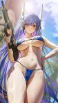  1girl :o assault_rifle bikini blue_bikini blue_hair blue_sky breasts cloud cloudy_sky commentary_request cowboy_shot from_below girls&#039;_frontline gun hair_between_eyes hand_on_own_hip headgear highres holding holding_gun holding_weapon large_breasts long_hair looking_at_viewer nanaken_nana navel open_mouth palm_tree red_eyes rifle sky solo stomach swimsuit tar-21_(girls&#039;_frontline) thick_thighs thighs thong_bikini tree very_long_hair weapon wet 
