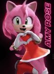  1girl 3d amy_rose black_background boots character_name dress furry furry_female gloves green_eyes heart heart_hands looking_at_viewer open_mouth parody pink_hair red_dress red_footwear short_hair sleeveless sleeveless_dress smile solo sonic_(series) style_parody twitter_username white_gloves wolforam 