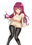  :o arm_support black_legwear blush breasts eyebrows_visible_through_hair fate/grand_order fate_(series) highres legs long_hair long_sleeves looking_at_viewer m_kong medium_breasts pantyhose purple_hair red_eyes ribbed_sweater scathach_(fate)_(all) scathach_(fate/grand_order) sitting solo sweater turtleneck turtleneck_sweater very_long_hair yellow_sweater 