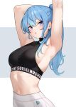  1girl absurdres alternate_breast_size alternate_hairstyle arm_behind_head arm_up armpits arms_up black_sports_bra blue_eyes blue_hair bluefield breasts character_name clothes_writing crop_top grey_background hair_between_eyes highres hololive hololive_dance_practice_uniform hoshimachi_suisei long_hair looking_at_viewer medium_breasts navel official_alternate_costume open_mouth pants parted_lips ponytail presenting_armpit sideboob simple_background solo sports_bra stretching two-tone_background virtual_youtuber white_background white_pants yoga_pants 