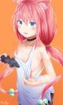  :d absurdres animal_ear_fluff animal_ears bangs bare_arms bare_shoulders black_choker blue_eyes blush breasts cat_ears choker collarbone commentary_request controller eyebrows_visible_through_hair game_controller hair_between_eyes hair_bobbles hair_ornament hamayuu_(litore) highres hinata_channel holding long_hair looking_at_viewer low-tied_long_hair low_twintails nekomiya_hinata open_mouth orange_background pink_hair sidelocks simple_background small_breasts smile solo tank_top twintails twitter_username very_long_hair virtual_youtuber white_tank_top 