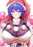  1girl :3 arms_up blue_eyes blue_hair book breasts closed_mouth commentary doremy_sweet dream_soul hat highres huge_breasts looking_at_viewer nightcap pom_pom_(clothes) red_headwear rion_(user_ufvg8527) short_hair solo symbol-only_commentary touhou upper_body 