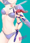  1girl armor asagiri_youko bikini bikini_armor blue_background blue_bikini blue_footwear boots breasts full_body genmu_senki_leda head_out_of_frame knee_boots moke_ro navel pauldrons red_eyes red_hair shoulder_armor side_ponytail small_breasts solo strapless strapless_bikini swimsuit sword vambraces weapon zoom_layer 