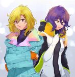  1girl 1other antenna_hair aqua_coat artist_name blonde_hair breasts chiimako closed_mouth coat covered_collarbone elbow_gloves eyes_visible_through_hair fingerless_gloves gina_(gnosia) gloves gnosia hair_between_eyes hair_ornament hairclip hood hoodie long_hair looking_at_viewer purple_hair red_eyes setsu_(gnosia) short_hair simple_background solo turtleneck wavy_hair white_background 