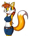 2018 anthro belt canine cloth clothed clothing digital_media_(artwork) dusk_sentry fan_character female fox hair hands_behind_back long_hair mammal navel nipple_bulge shirt simple_background smile solo sonic_(series) tank_top tg-0 white_background 