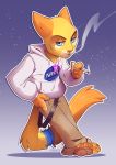  2018 4_fingers anthro barefoot blue_eyes cat cigarette clothing feline fur hoodie kyander mammal simple_background smoking solo standing tan_fur whiskers 