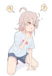  1other ? absurdres ahoge androgynous bare_arms bare_legs blue_shorts brown_eyes colored_inner_hair commentary flying_sweatdrops grey_hair hair_between_eyes hand_on_own_throat highres long_hair messy_hair multicolored_hair off_shoulder onii-chan_wa_oshimai! open_mouth other_focus oyama_mahiro pink_hair shirt short_shorts short_sleeves shorts simple_background single_bare_shoulder sitting solo spoken_question_mark t-shirt two-tone_hair white_background white_shirt yama_h15 