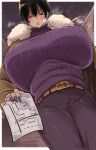  1girl belt black_hair blush breasts breath bright_pupils chichi8181 coat dutch_angle fur-trimmed_coat fur_trim gigantic_breasts hair_between_eyes highres holding holding_map map map_(object) mole mole_under_mouth original pants pixie_cut purple_eyes purple_nails purple_sweater red_lips ribbed_sweater short_hair solo sweater swept_bangs tsukiyama_touko white_pupils winter_clothes winter_coat 