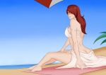  beach bikini blush kirijou_mitsuru oo_sebastian_oo persona persona_3 red_hair sitting swimsuit towel water 