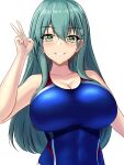  1girl aqua_eyes aqua_hair blue_one-piece_swimsuit blush breasts competition_swimsuit covered_navel hair_between_eyes hair_ornament hairclip highres kantai_collection large_breasts long_hair looking_at_viewer montemasa one-piece_swimsuit simple_background solo suzuya_(kancolle) swimsuit two-tone_swimsuit upper_body v white_background 