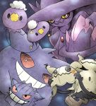  beanie black_eyes blue_background blush closed_mouth drifloon gen_1_pokemon gen_4_pokemon gen_7_pokemon gengar ghost hat highres holding hood kashiwa_(3920kashiwa) light_blush looking_at_viewer mimikyu mismagius no_humans pokemon pokemon_(creature) purple_hat red_eyes red_sclera smile teeth white_eyes yellow_hat 