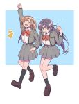  2girls :d ^_^ aijou_karen arm_up black_socks blue_background blunt_ends blush bow bowtie breast_pocket brown_footwear brown_hair clenched_hand closed_eyes collared_shirt crown_hair_ornament full_body grey_jacket grey_skirt hair_ornament hairclip hand_grab hand_up highres jacket kneehighs leg_up loafers long_hair long_sleeves looking_ahead lower_teeth_only miniskirt motion_lines multiple_girls open_clothes open_jacket outstretched_arm parted_lips pleated_skirt pocket purple_eyes purple_hair red_bow red_bowtie rei931218 school_uniform seishou_music_academy_uniform shirt shirt_tucked_in shoes short_hair shoujo_kageki_revue_starlight side-by-side sidelocks skirt smile socks sweatdrop teeth tsuyuzaki_mahiru two-tone_background two_side_up walking white_background white_shirt 
