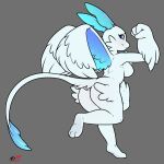 1:1 anthro blue_body blue_feathers breasts butt dragon feathers featureless_breasts female fist hi_res looking_at_viewer looking_back mr.smile mythological_creature mythological_scalie mythology pal_(species) palworld pocketpair quivern raised_arm raised_fist scalie white_body wings