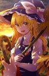  bangs black_hat black_vest blonde_hair blurry bow braid broom buttons cloud cloudy_sky depth_of_field flower hair_between_eyes hair_bow hat hat_bow holding holding_broom kirisame_marisa konomoto_(konomoto) long_hair looking_at_viewer open_mouth outdoors rain shirt side_braid sky smile solo_focus sunflower sunset touhou umbrella upper_body vest wavy_hair wet wet_clothes white_bow white_hat white_shirt witch_hat yellow_eyes 