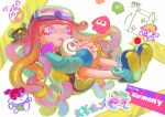  1girl black_shirt blonde_hair blue_footwear blue_hair colored_eyelashes drooling goggles goggles_on_head harmony&#039;s_clownfish_(splatoon) harmony_(splatoon) holding holding_stuffed_toy hood hoodie lilpong2 long_hair miniskirt multicolored_clothes multicolored_hair multicolored_hoodie open_mouth pink_eyes pink_hair shirt shoes skirt splashtag_(splatoon) splatoon_(series) splatoon_3 stuffed_squid stuffed_toy tentacle_hair very_long_hair yellow_skirt 