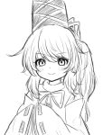  1girl blush closed_mouth greyscale hat highres looking_at_viewer medium_hair monochrome mononobe_no_futo pipita ponytail ribbon-trimmed_sleeves ribbon_trim sidelocks simple_background smile solo tate_eboshi touhou upper_body 