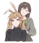  2girls :d bang_dream! black_hair black_sweater blonde_hair closed_eyes cropped_torso cross_hair_ornament double-parted_bangs furukawa_wanosuke green_shirt grey_jacket grin hair_ornament hairclip hanazono_tae hands_on_another&#039;s_shoulders highres hood hooded_jacket ichigaya_arisa jacket jewelry light_frown long_hair long_sleeves looking_past_viewer multiple_girls necklace shirt sidelocks small_sweatdrop smile sweater t-shirt turtleneck turtleneck_sweater twintails x_hair_ornament 